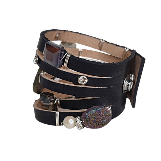 Leather Cuff Black With Gemstone & Rhinestones, Beauty In Stone Jewelry at $149