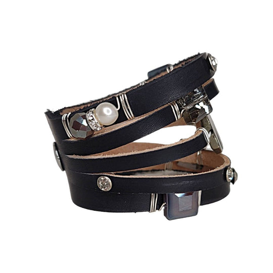 Leather Cuff Black With Gemstone & Rhinestones, Beauty In Stone Jewelry at $149