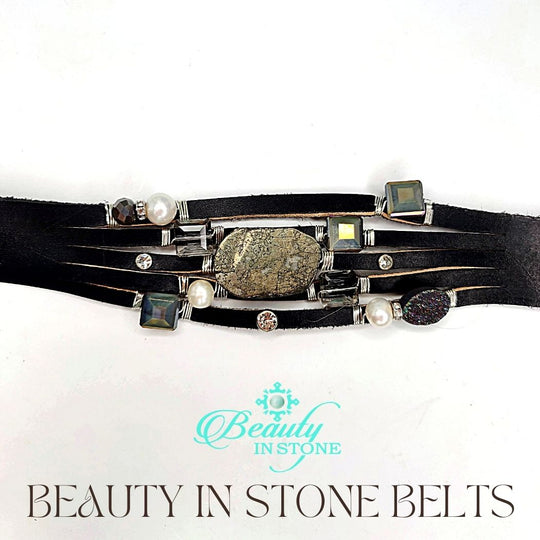 Handmade Leather Belt With Rhinestones, Gemstones, Pyrite, Beauty In Stone Jewelry at $199