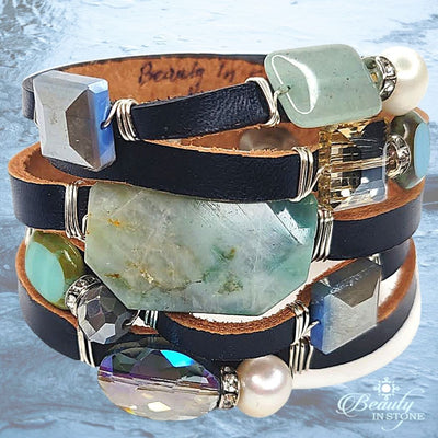 Leather Cuff With Gemstones & Rhinestones Navy, Beauty In Stone Jewelry at $149