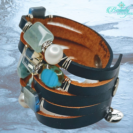 Leather Cuff With Gemstones & Rhinestones Navy, Beauty In Stone Jewelry at $149