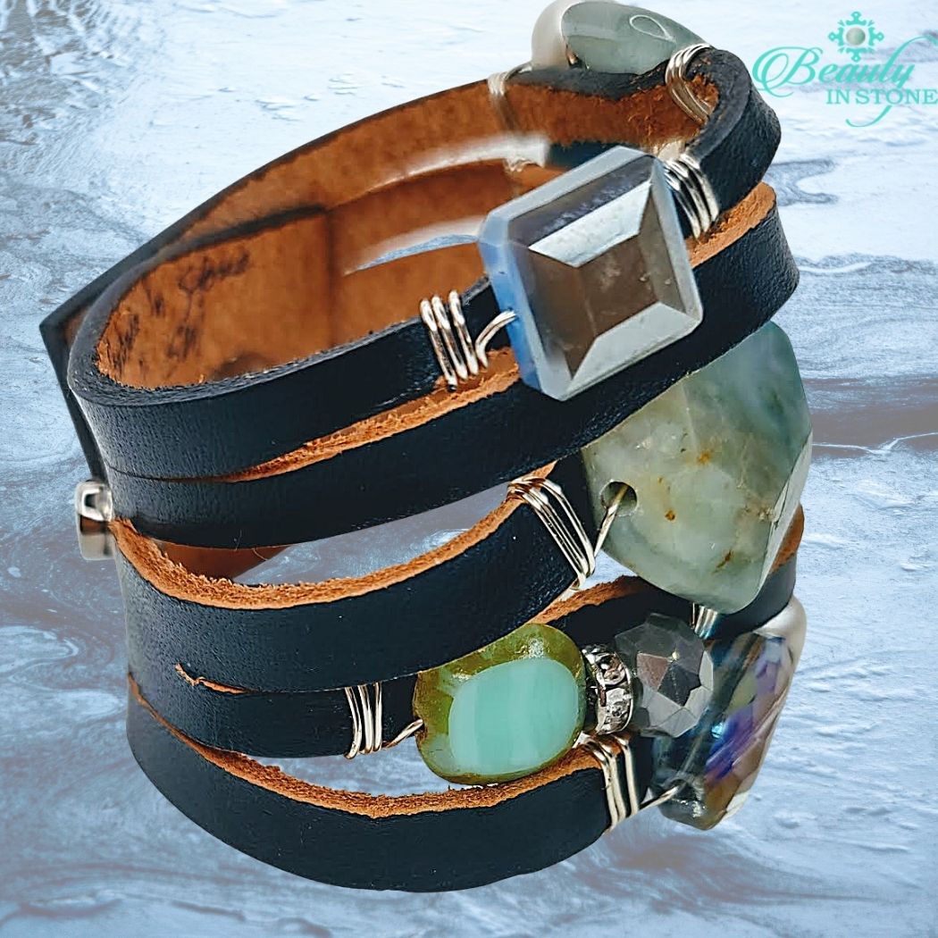 Leather Cuff With Gemstones & Rhinestones Navy, Beauty In Stone Jewelry at $149