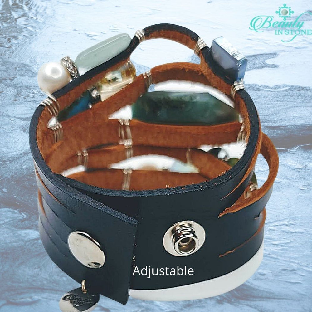 Leather Cuff With Gemstones & Rhinestones Navy, Beauty In Stone Jewelry at $149