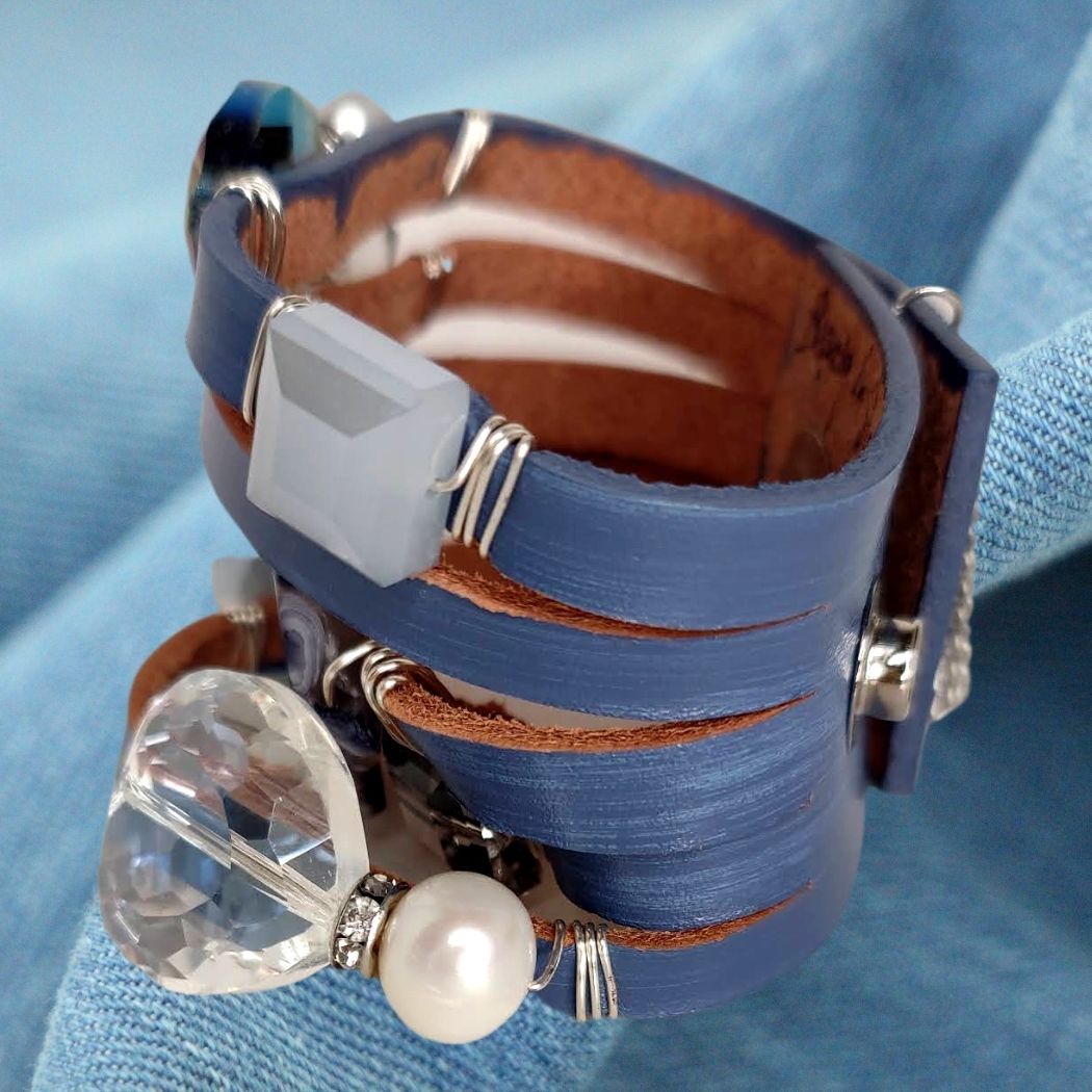 Leather Cuff With Gemstones & Rhinestones Light Denim Blue, Beauty In Stone Jewelry at $139