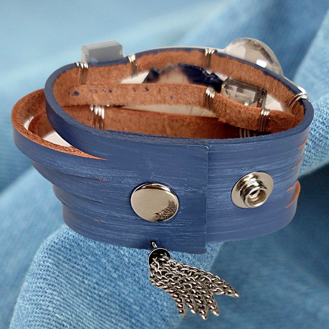 Leather Cuff With Gemstones Rhinestones Light Denim Blue