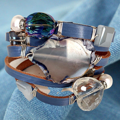 Leather Cuff With Gemstones & Rhinestones Light Denim Blue, Beauty In Stone Jewelry at $139