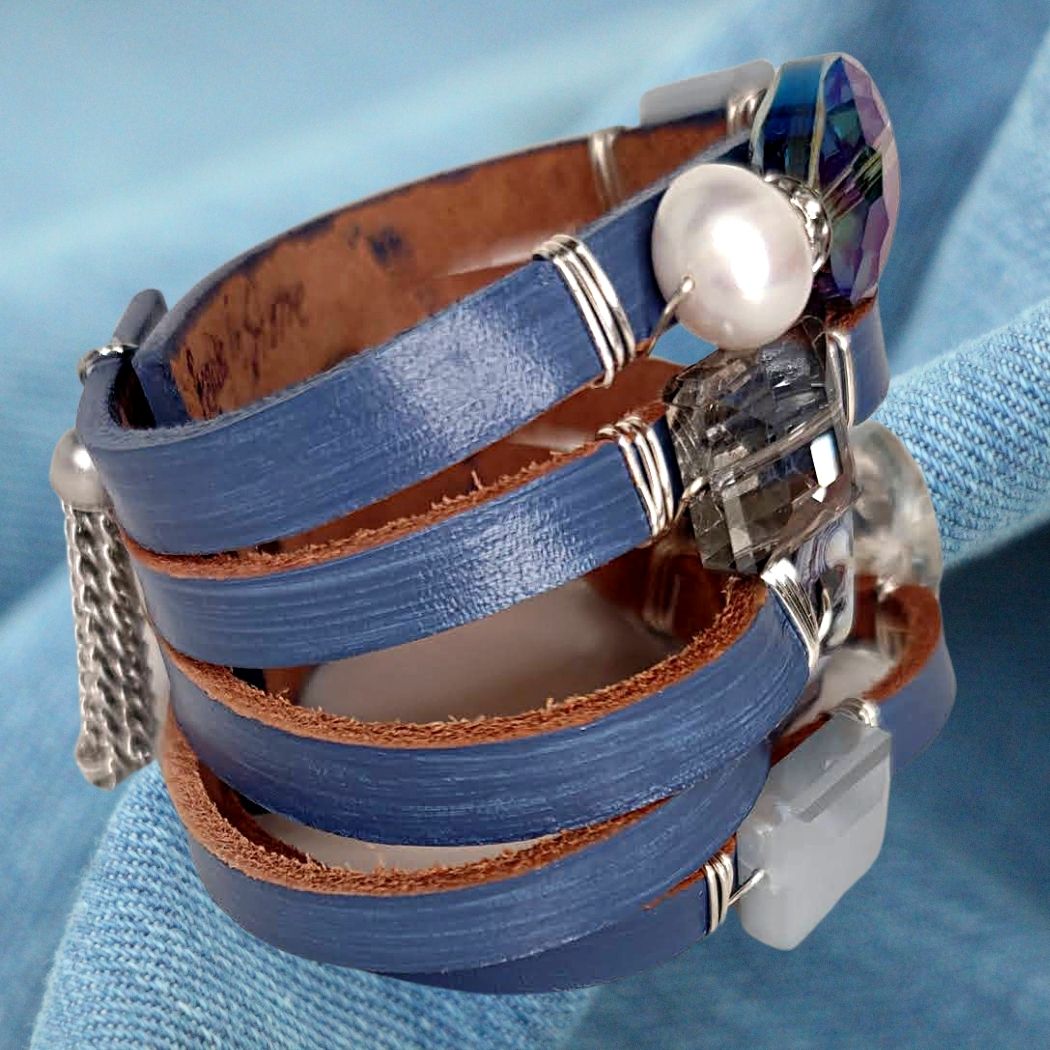 Leather Cuff With Gemstones & Rhinestones Light Denim Blue, Beauty In Stone Jewelry at $139