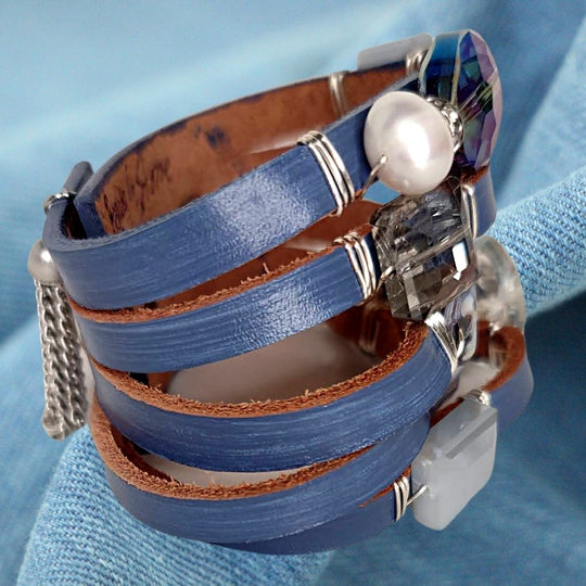 Leather Cuff With Gemstones & Rhinestones Light Denim Blue, Beauty In Stone Jewelry at $139