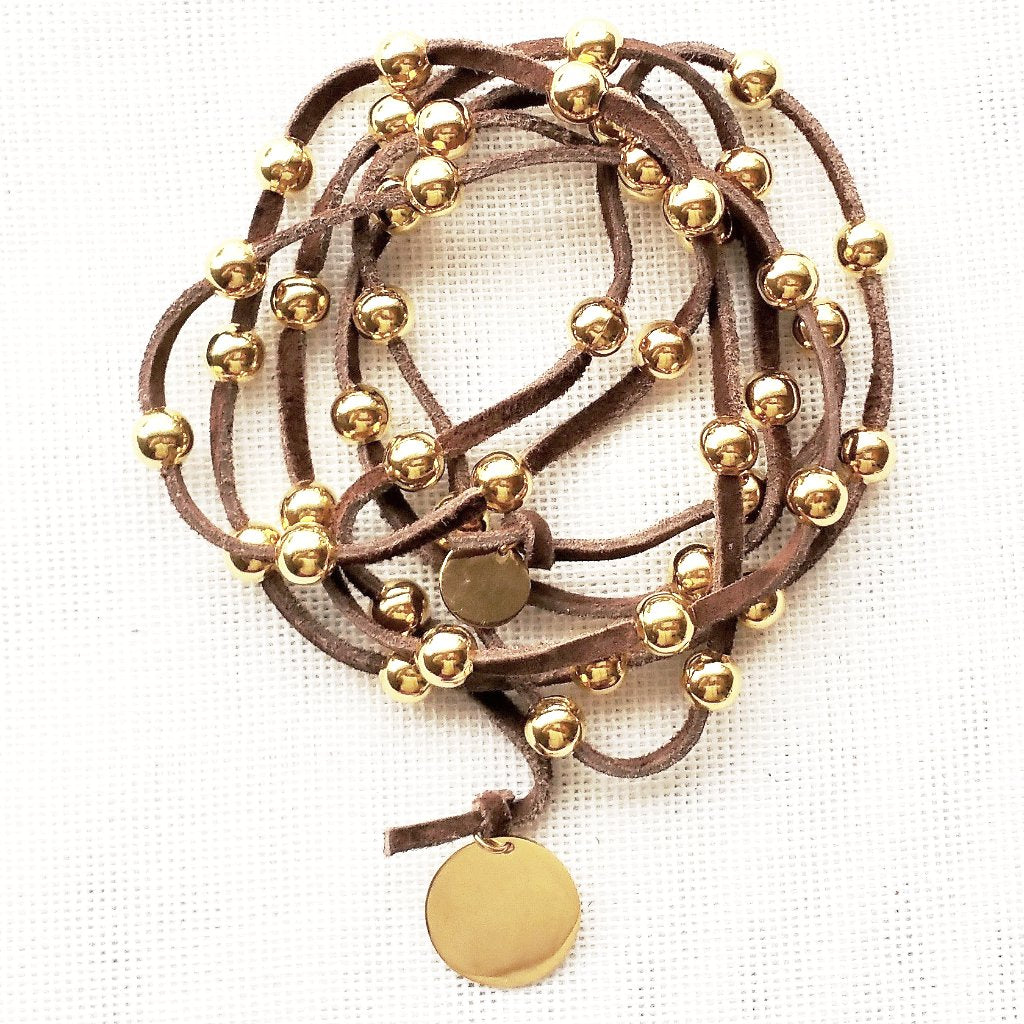 Gold Beaded Lariat Necklace On Suede Leather, Beauty In Stone Jewelry at $80