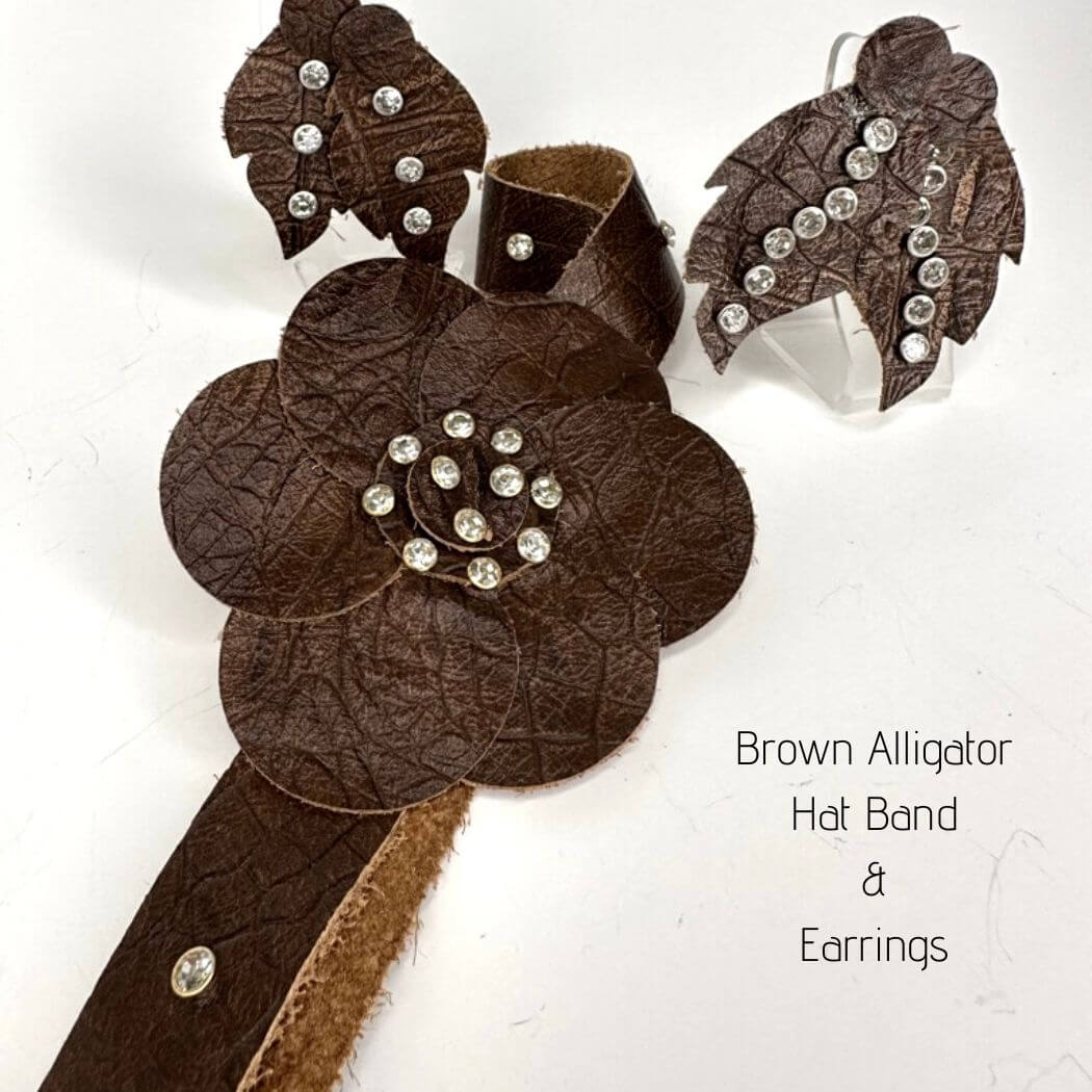 Studded Leather Earrings Brown Alligator