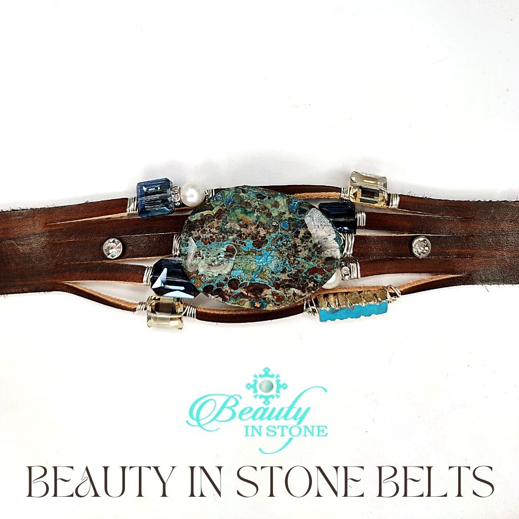 Handmade Leather Belt Dark Brown/Turquoise Gemstone & Rhinestones, Beauty In Stone Jewelry at $199