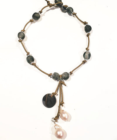 Gray Beach Glass Necklace With Pearl Tassel, Beauty In Stone Jewelry at $99