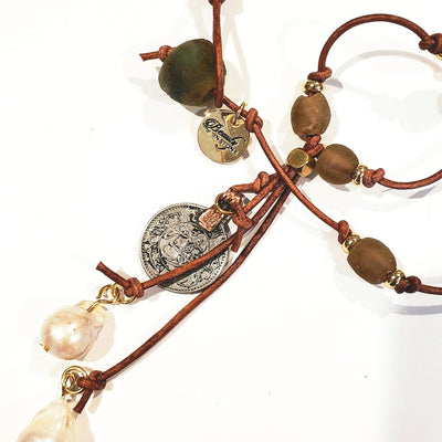 Brown Beach Glass Necklace With Pearl Tassel, Beauty In Stone Jewelry at $89