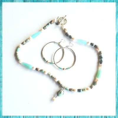 Blue Agate Gemstone & Pearl Necklace, Beauty In Stone Jewelry at $149