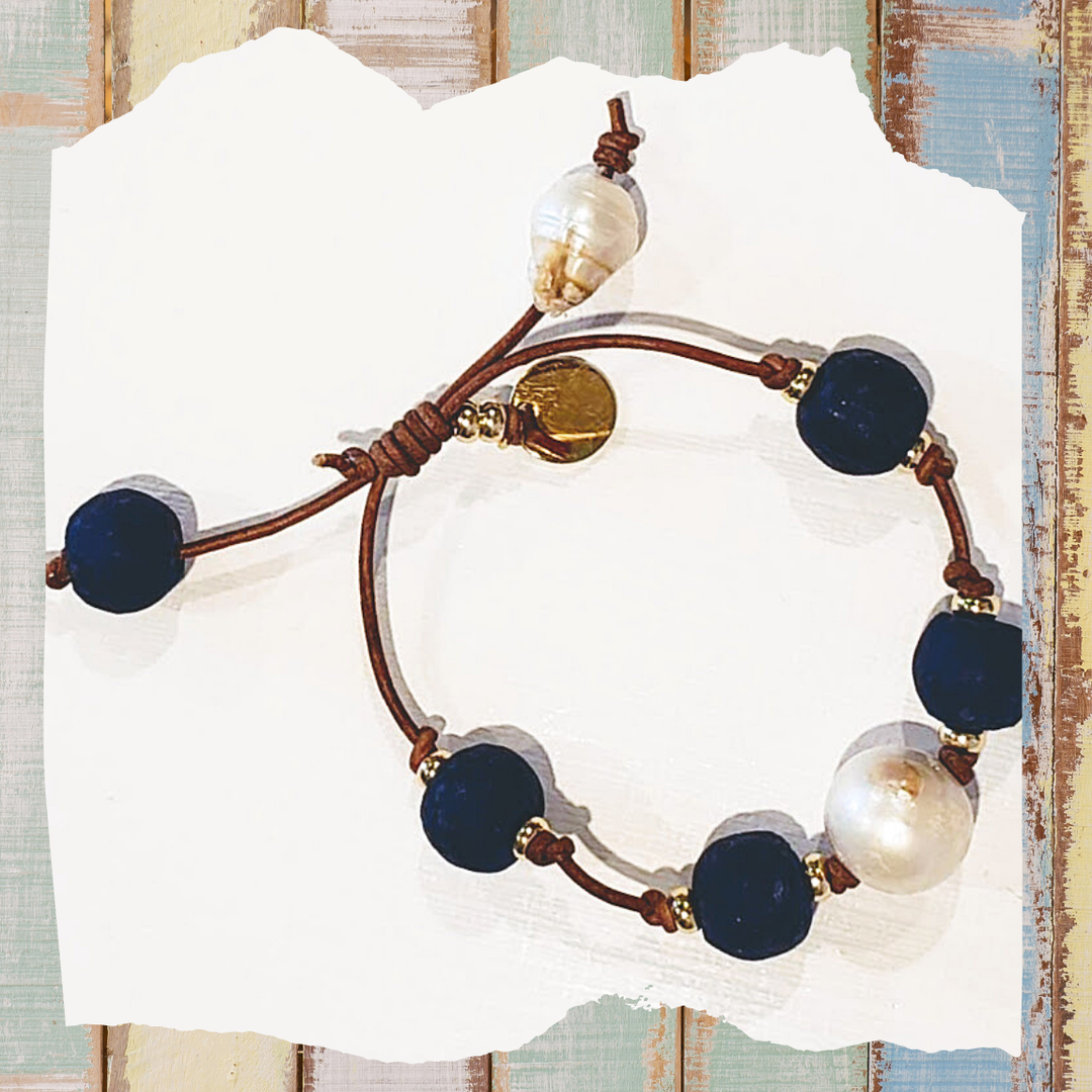 Leather Bracelet with Beach Glass & Pearls, Beauty In Stone Jewelry at $49