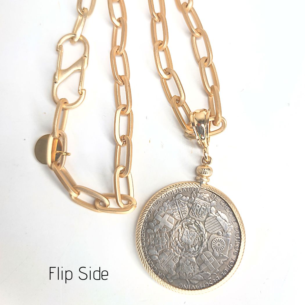 French Coin Pendant Necklace Gold Chain