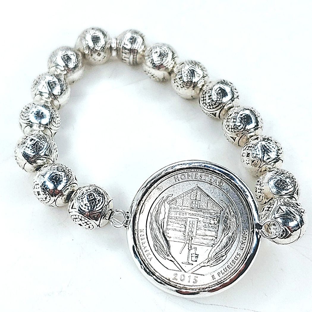 Coin Bracelet Silver Beaded, Beauty In Stone Jewelry at $40