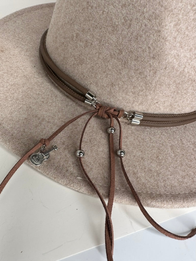 Brown Leather Hat Band Decoration With Flower or Guitar