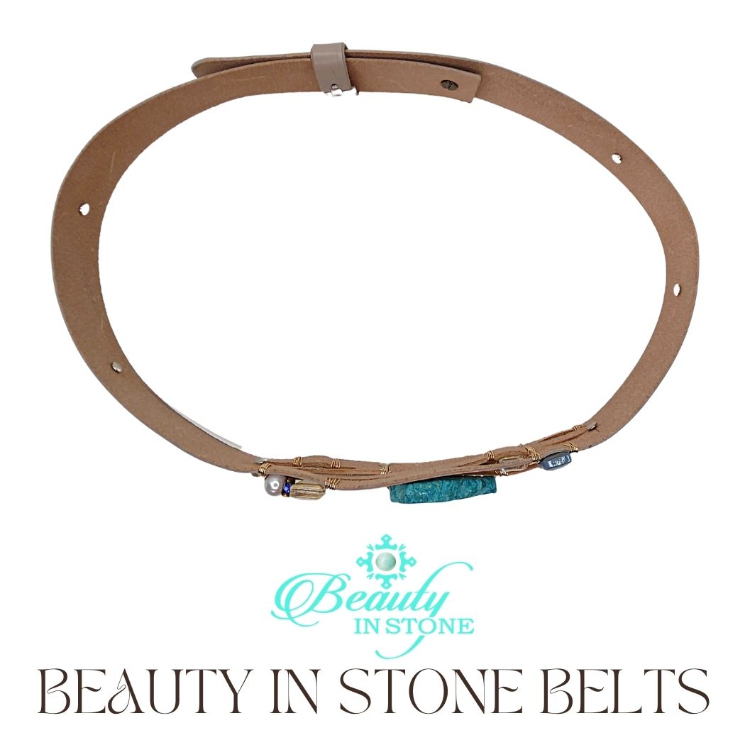 Handmade Leather Belt With Rhinestones, Gemstone, Ocean Jasper, Beauty In Stone Jewelry at $199