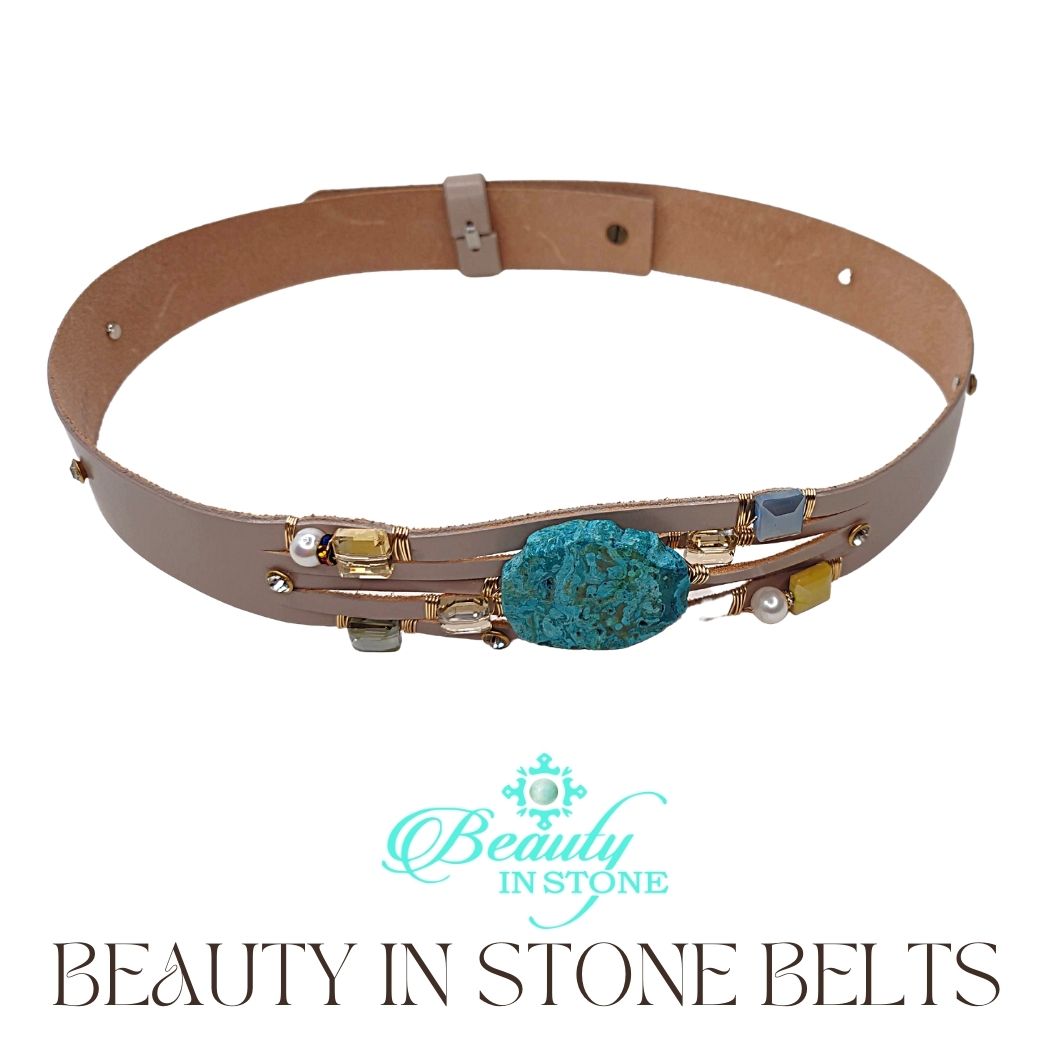 Handmade Leather Belt With Rhinestones, Gemstone, Ocean Jasper, Beauty In Stone Jewelry at $199