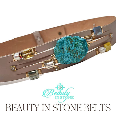 Handmade Leather Belt With Rhinestones, Gemstone, Ocean Jasper, Beauty In Stone Jewelry at $199