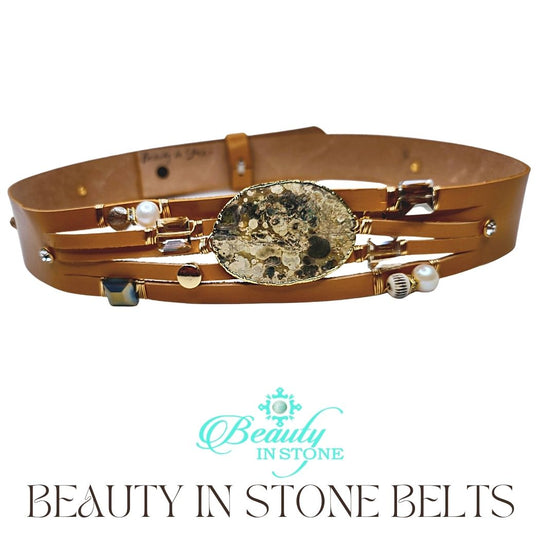 Handmade Leather Belt With Rhinestones, Gemstone, Mushroom Jasper, Beauty In Stone Jewelry at $199