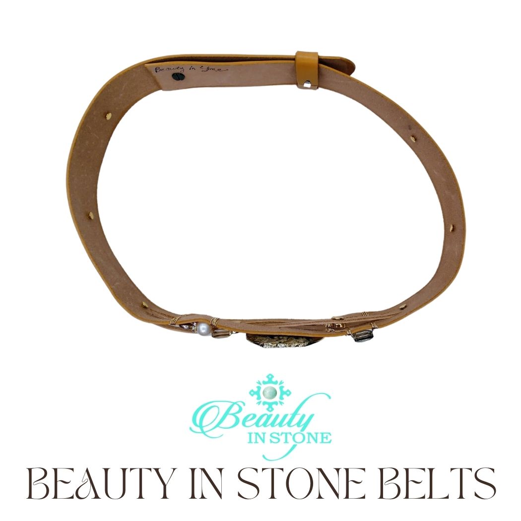 Handmade Leather Belt With Rhinestones, Gemstone, Mushroom Jasper, Beauty In Stone Jewelry at $199