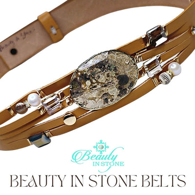 Handmade Leather Belt With Rhinestones, Gemstone, Mushroom Jasper, Beauty In Stone Jewelry at $199