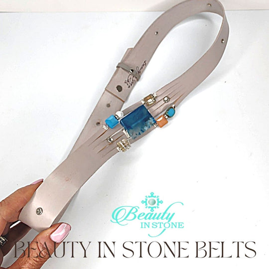 Handmade Leather Belt Stone With Rhinestones, Gemstone, Blue Agate, Beauty In Stone Jewelry at $199