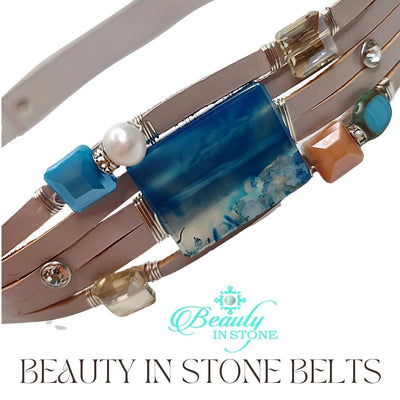 Handmade Leather Belt Stone With Rhinestones, Gemstone, Blue Agate, Beauty In Stone Jewelry at $199