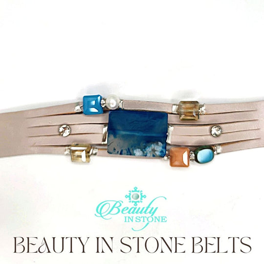 Handmade Leather Belt Stone With Rhinestones, Gemstone, Blue Agate, Beauty In Stone Jewelry at $199