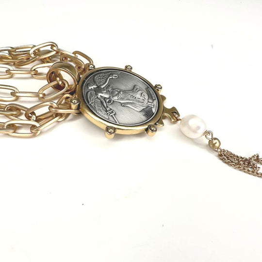 French Coin Pendant Necklace Burnished Silver or Gold Icon II