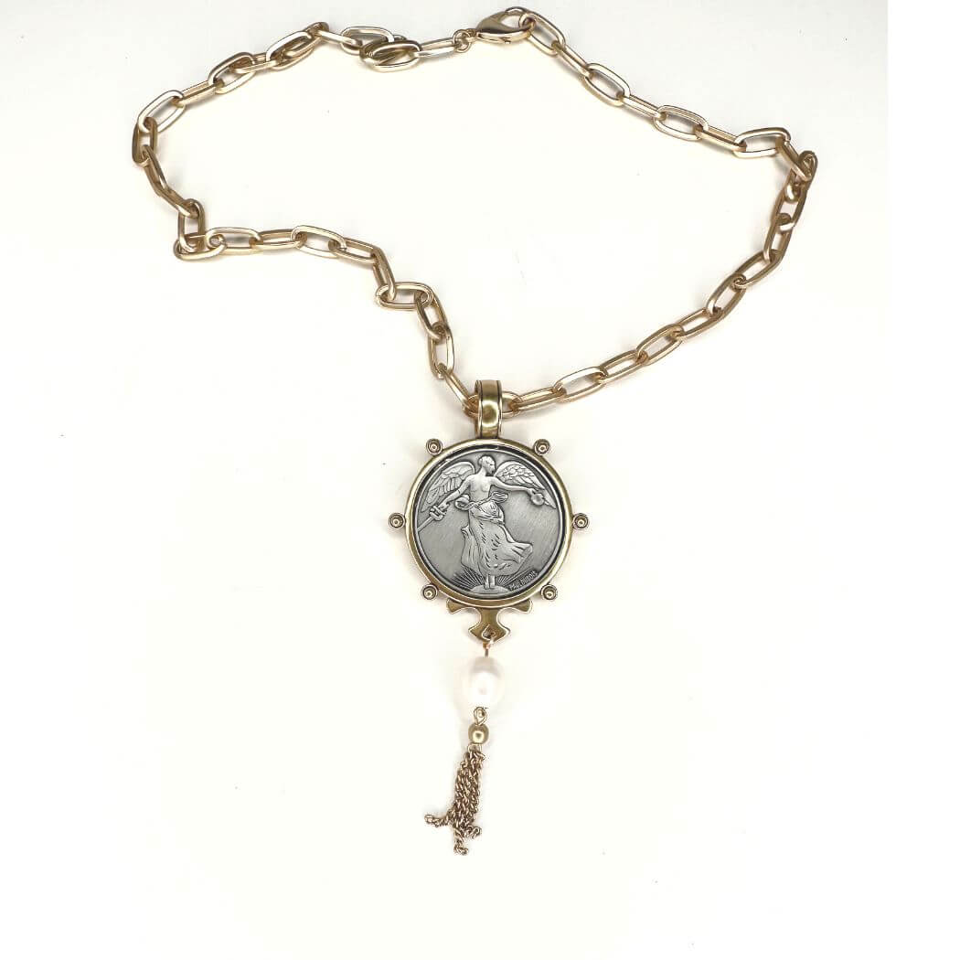 French Coin Necklace Antique Burnished Gold or Silver