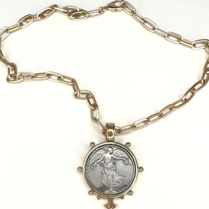 French Coin Pendant Necklace Burnished Silver or Gold Icon II