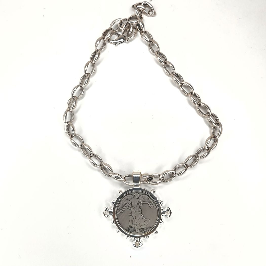 Icon Pendant Necklace With Coin on Burnished Silver Chain