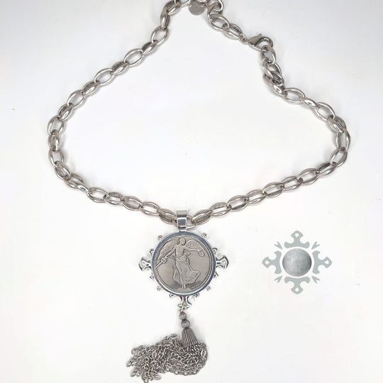 Icon Pendant Necklace With Coin on Burnished Silver Chain