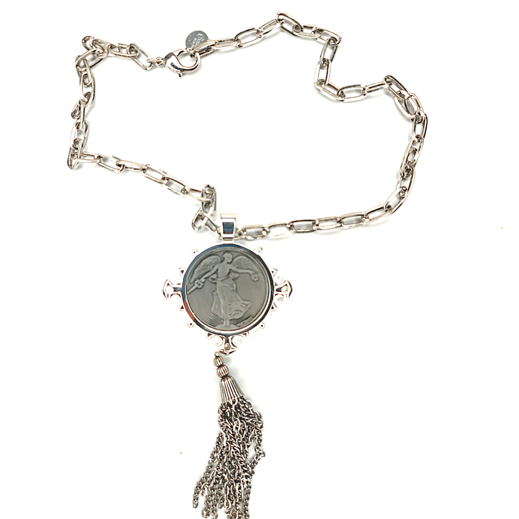 Icon Pendant Necklace With Coin on Burnished Silver Chain