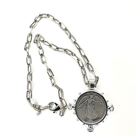 Icon Pendant Necklace With Coin on Burnished Silver Chain