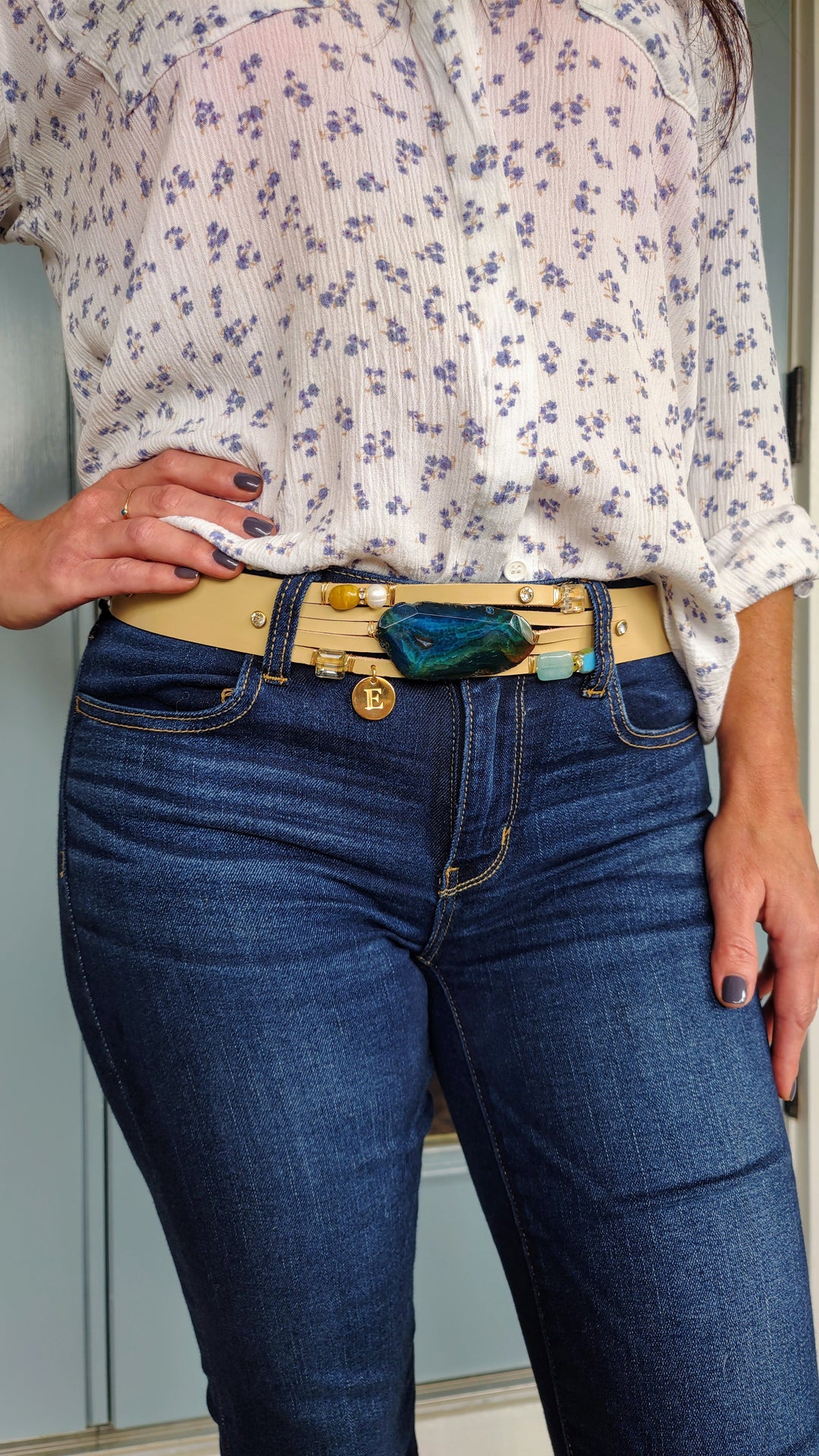 Handmade Leather Belt With Rhinestones, Gemstones, Blue Agate, Beauty In Stone Jewelry at $199