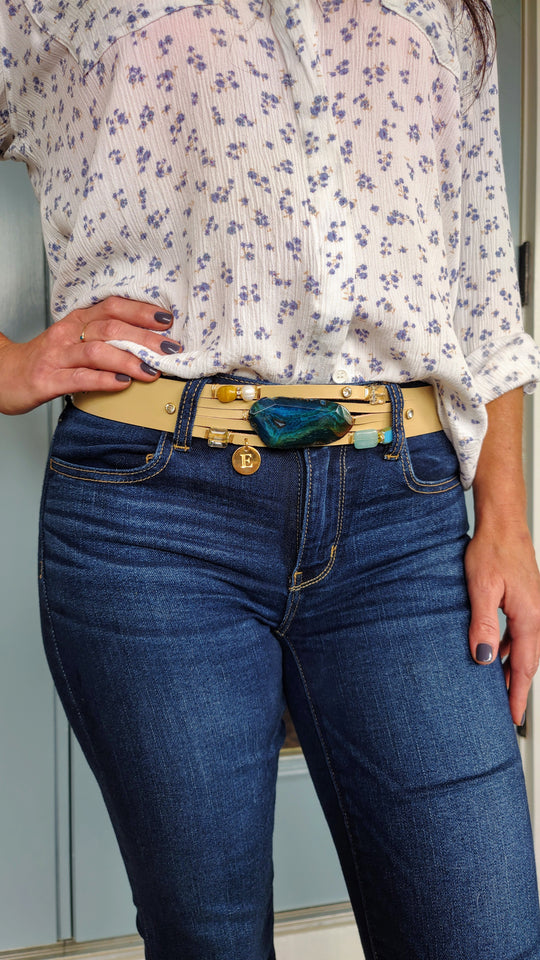 Handmade Leather Belt With Rhinestones, Gemstones, Blue Agate, Beauty In Stone Jewelry at $199