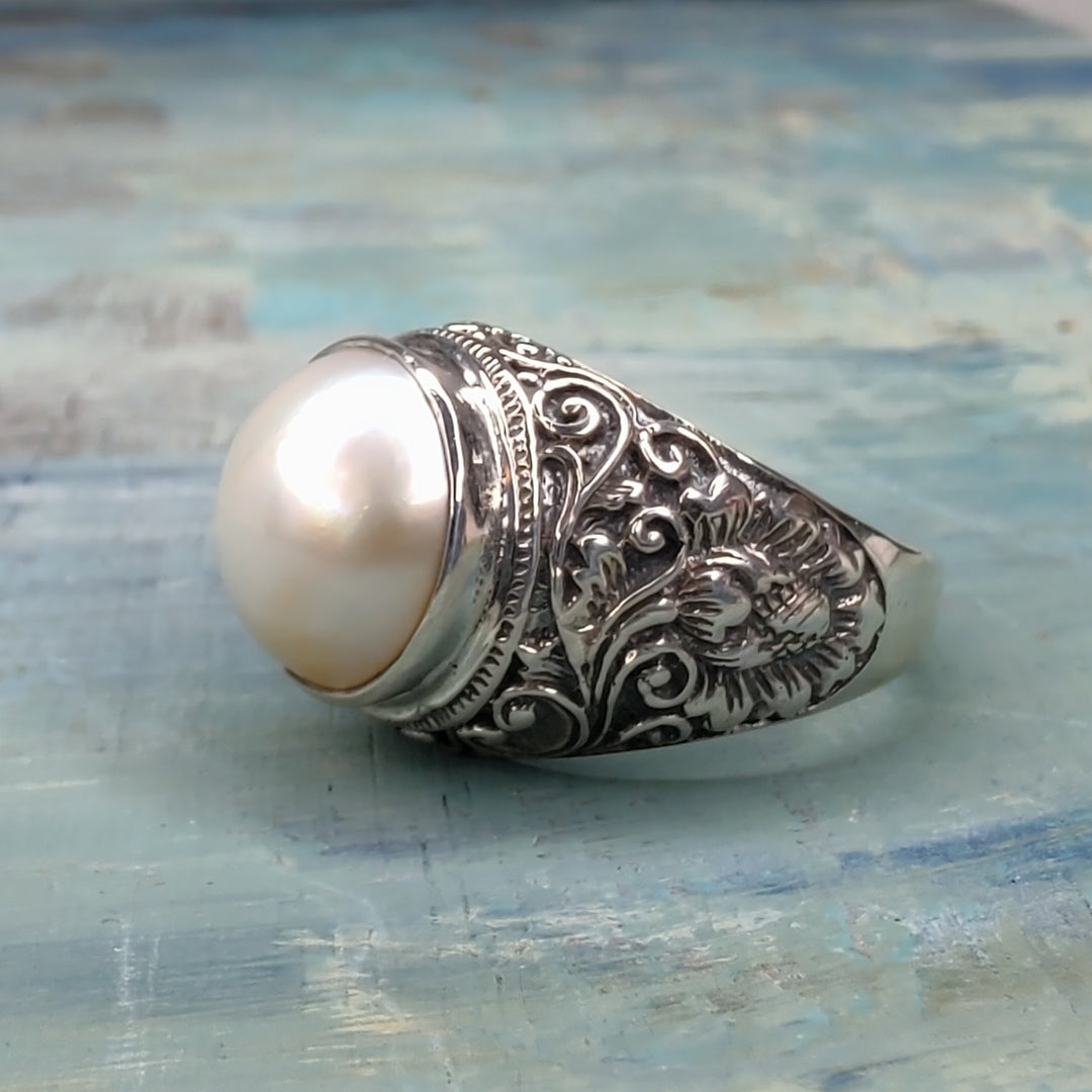 Sterling Silver Cultured Pearl Ring "Floral Band", Beauty In Stone Jewelry at $79