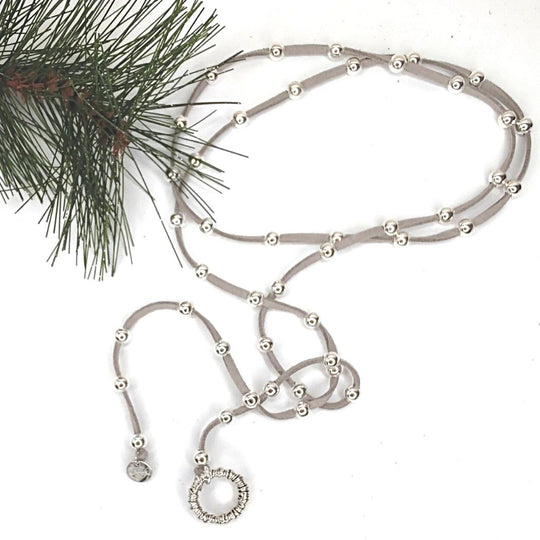 Big Link Silver Beaded Lariat on Suede Leather, Beauty In Stone Jewelry at $80