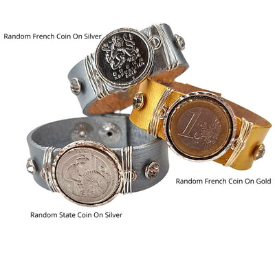 Leather Cuff With Mounted Coin Bracelet, Beauty In Stone Jewelry at $69