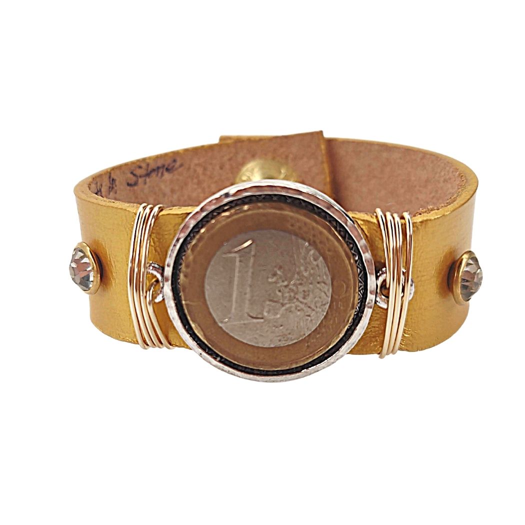 Leather Cuff With Mounted Coin Bracelet, Beauty In Stone Jewelry at $69