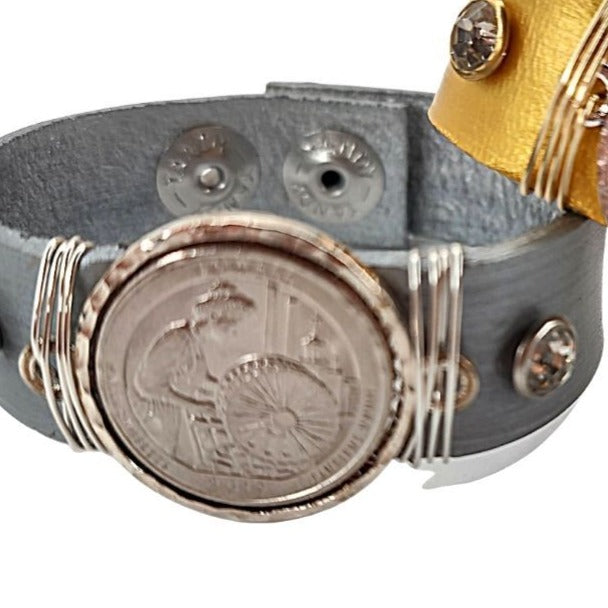 Leather Cuff With Mounted Coin Bracelet, Beauty In Stone Jewelry at $69