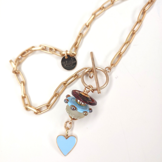 Lampwork Beads + Blue Heart On Gold Chain, Beauty In Stone Jewelry at $120