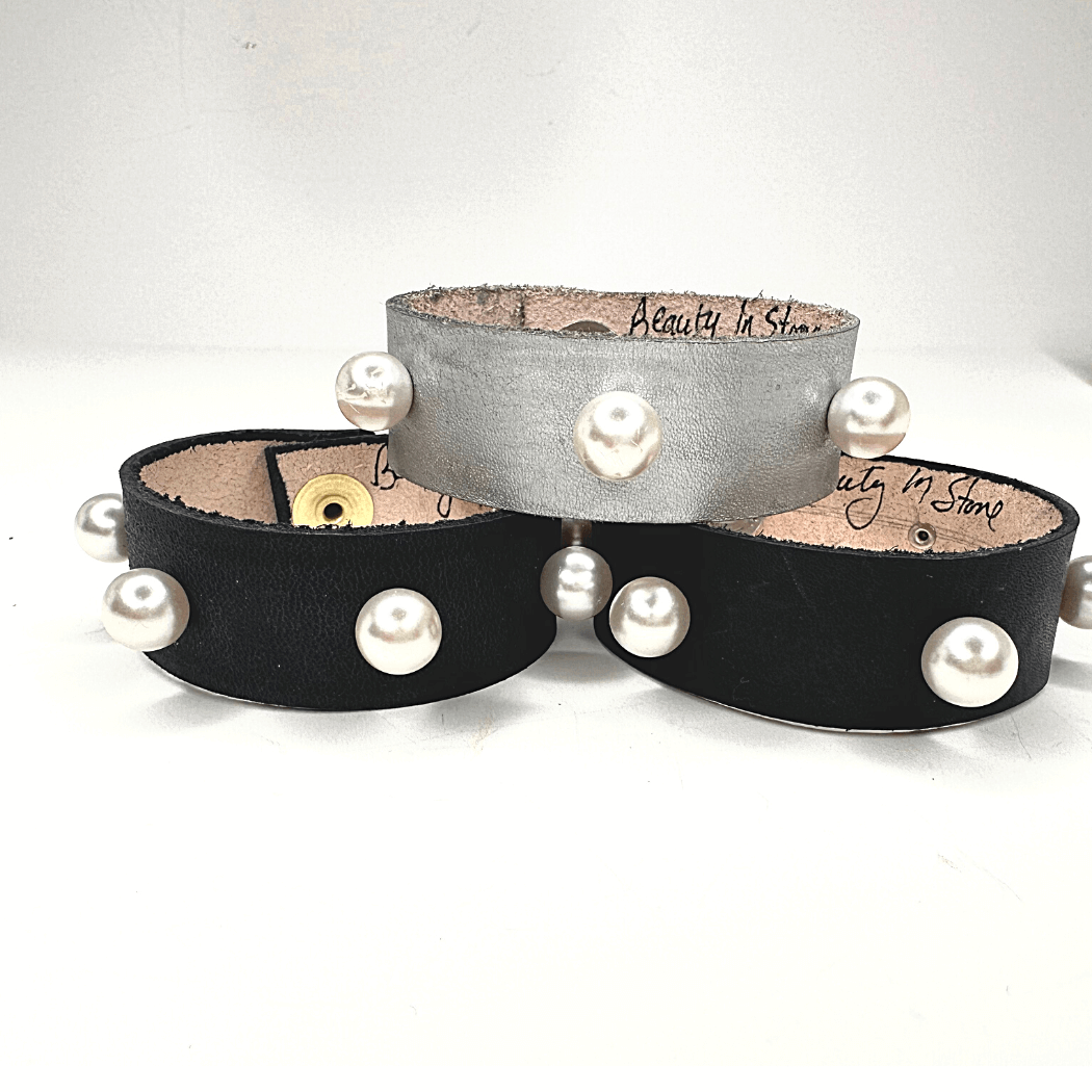 Leather Cuff with Faux Pearl Studs