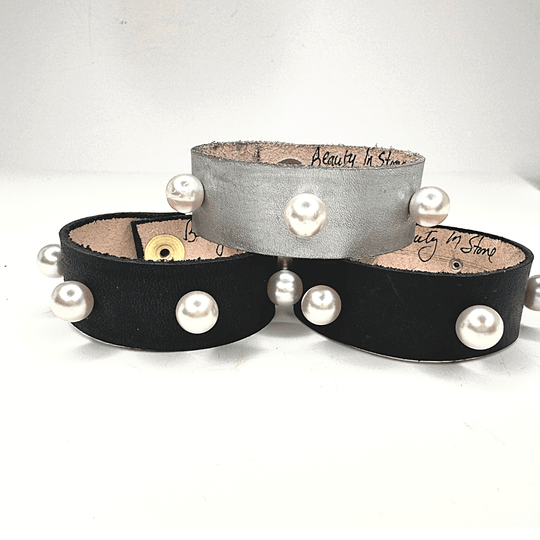 Leather Cuff with Faux Pearl Studs