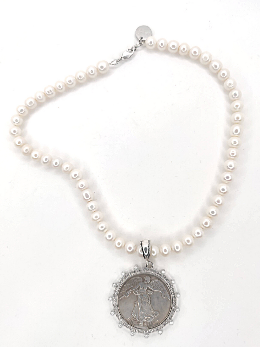 French Coin Pendant Necklace With Pearl Bezel, Beauty In Stone Jewelry at $199