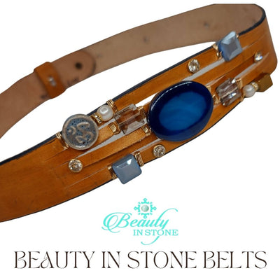 Handmade Leather Belt With Gemstones, Rhinestones, Blue Agate, Beauty In Stone Jewelry at $199